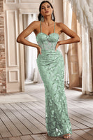 Load image into Gallery viewer, Mermaid Spaghetti Straps Sage Corset Formal Dress