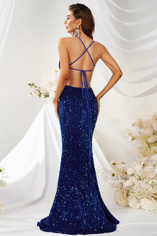 Deep V-Neck Backless Sparkly Royal Blue Sequins Long Formal Dress with Slit