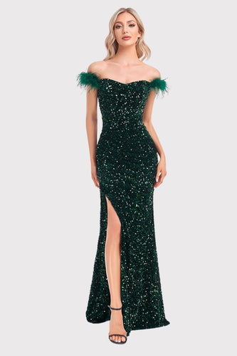 Mermaid Off The Shoulder Sequins Dark Green Formal Dress with Feathers