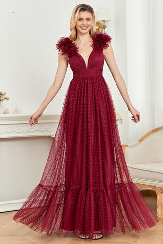 Tulle A-Line Burgundy Long Formal Dress