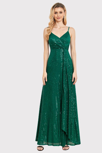 Glitter A-Line Spaghetti Straps Green Long Formal Dress
