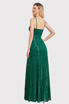 Glitter A-Line Spaghetti Straps Green Long Formal Dress