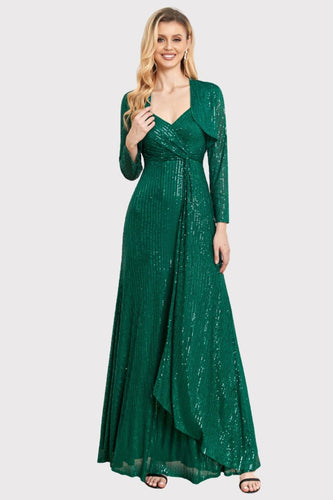 A-Line Sequins Green Long Formal Dress with Long Sleeves