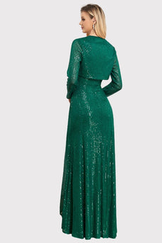 A-Line Sequins Green Long Formal Dress with Long Sleeves