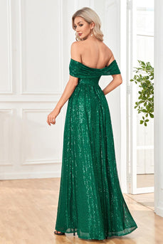 Sparkly Off The Shoulder Dark Green Formal Dress with Slit