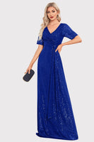 Load image into Gallery viewer, Sparkly V-Neck Navy Long Formal Dress with Short Sleeves