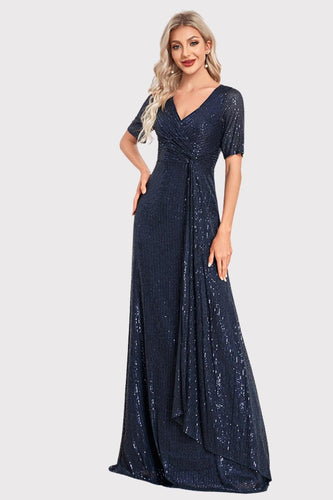Sparkly V-Neck Navy Long Formal Dress with Short Sleeves