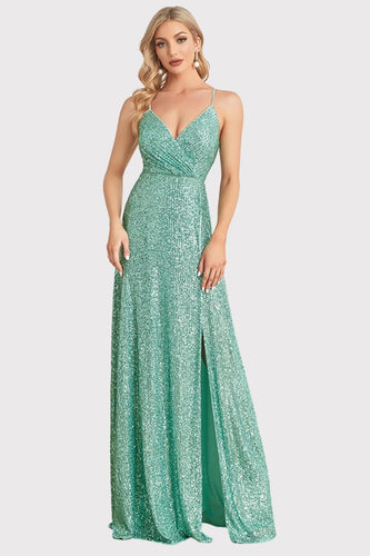 Spaghetti Straps Sequins Light Green Long Formal Dress with Slit