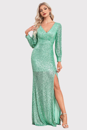 V-Neck Long Sleeves Light Green Long Formal Dress with Slit