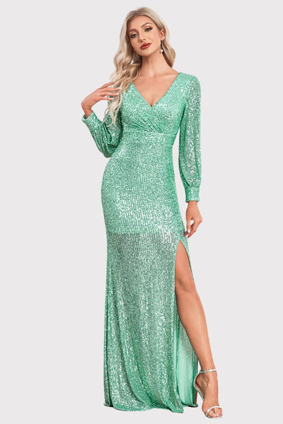 V-Neck Long Sleeves Light Green Long Formal Dress with Slit