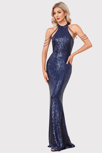 Sparkly Halter Mermaid Navy Long Formal Dress with Beading