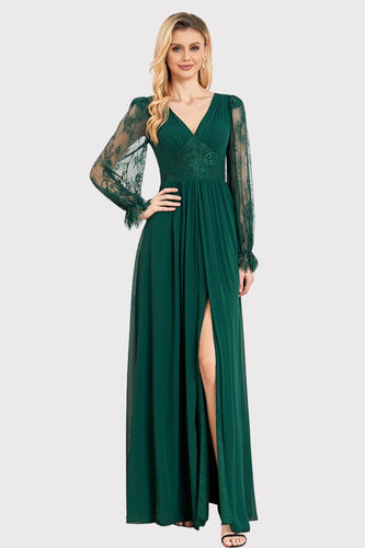Long Sleeves Dark Green Long Formal Dress with Slit
