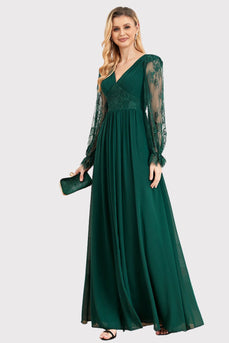 Long Sleeves Dark Green Long Formal Dress with Slit