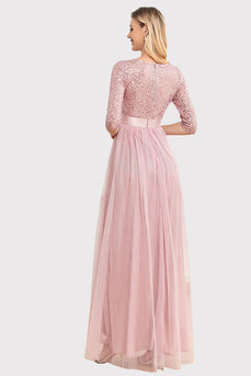 Boat Neck Blush Formal Dress with Sleeves