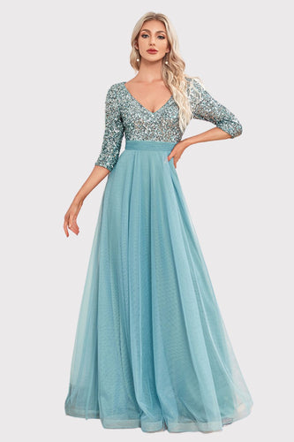 Sparkly V-Neck Grey Blue Formal Dress with Sleeves