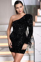 Load image into Gallery viewer, One Shoulder Sequins Little Black Dress with Feathers