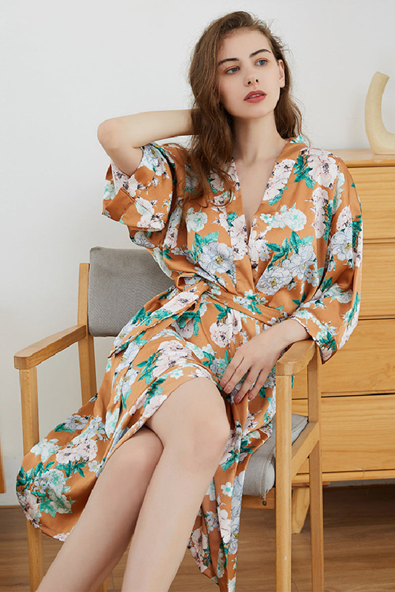 Load image into Gallery viewer, Orange Floral Boho Kimono Bridesmaid Robe