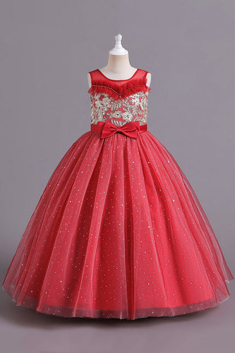 Red A Line Beaded Girls' Dress With Bow