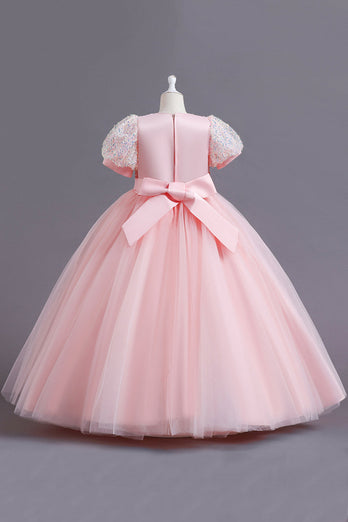 Sequin Pink A Line Short Sleeves Girls' Dress With Bow
