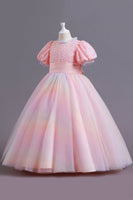 Load image into Gallery viewer, Puff Sleeves Blue Sequins Tulle Girls&#39; Dress