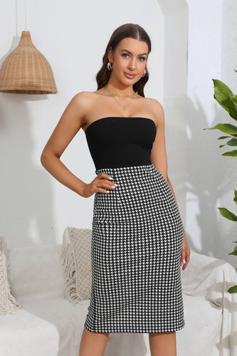 Strapless Plaid Bodycon Cocktail Dress with Slit