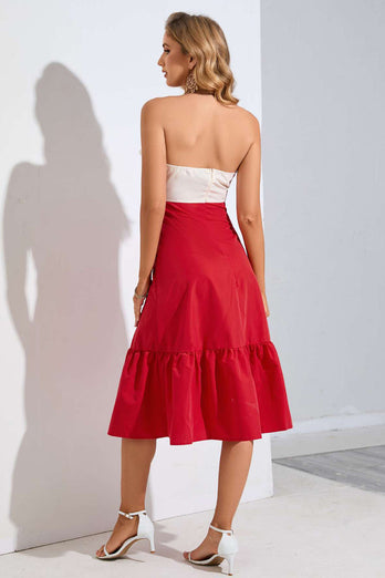 Red Strapless Summer Party Dress with Bow