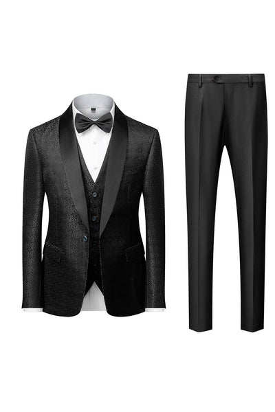 Black Shawl Lapel Jacquard 3 Pieces Men's Suits