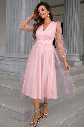 Tulle V-Neck Blush Long Formal Dress with Sleeves