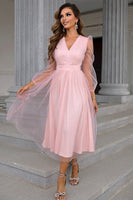 Load image into Gallery viewer, Tulle V-Neck Blush Long Formal Dress with Sleeves