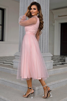 Tulle V-Neck Blush Long Formal Dress with Sleeves