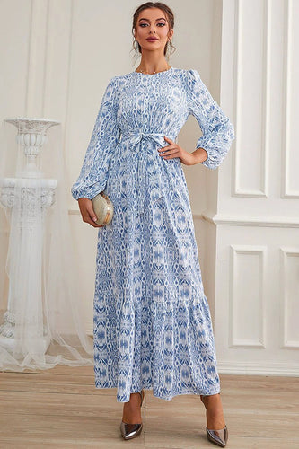 A-Line Blue Long Formal Dress with Long Sleeves