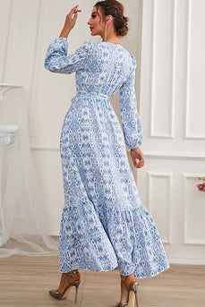 A-Line Blue Long Formal Dress with Long Sleeves