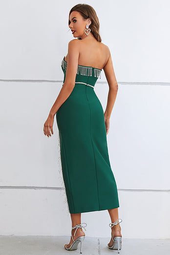 Dark Green Strapless Semi Formal Dress with Slit