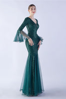 Load image into Gallery viewer, Dark Green Sequin V-neck Long Sleeves Mermaid Formal Dress