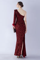 Load image into Gallery viewer, Mermaid One Shoulder Sequin Formal Dress With Feathers
