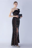 Load image into Gallery viewer, Mermaid One Shoulder Sequin Formal Dress With Feathers