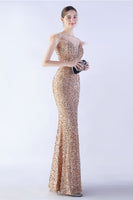 Load image into Gallery viewer, Mermaid Spaghetti Straps Sequin Formal Evening Dress With Feathers