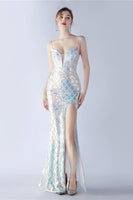 Load image into Gallery viewer, Burgundy Spaghetti Straps V-neck Swquin Sheath Formal Dress with Slit