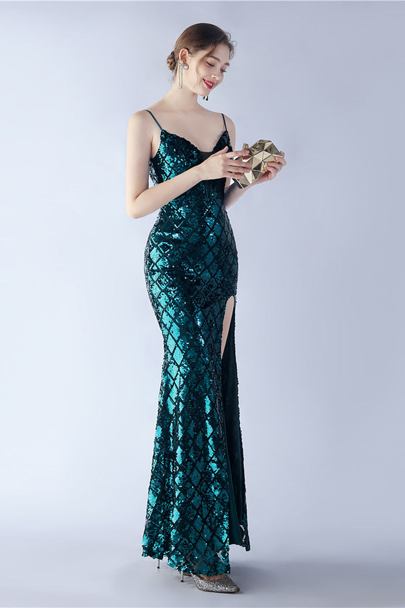 Load image into Gallery viewer, Burgundy Spaghetti Straps V-neck Swquin Sheath Formal Dress with Slit