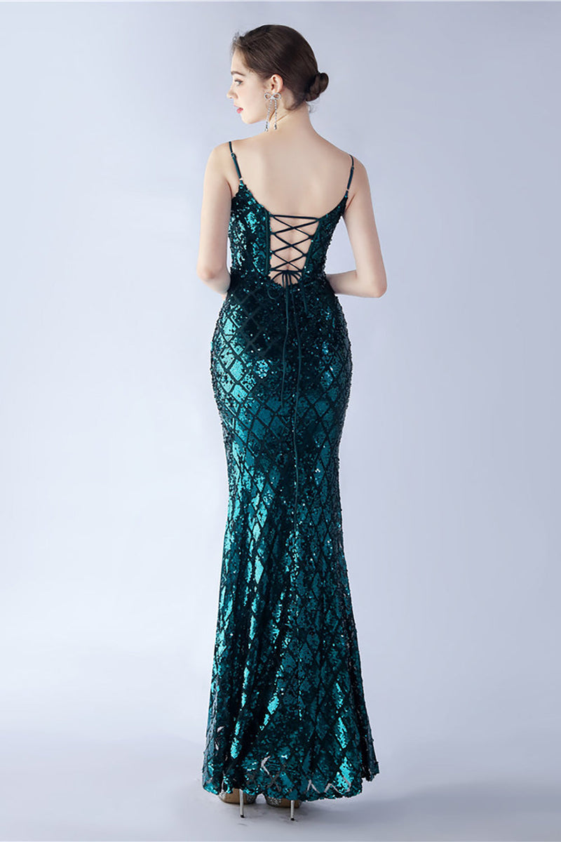 Load image into Gallery viewer, Burgundy Spaghetti Straps V-neck Swquin Sheath Formal Dress with Slit