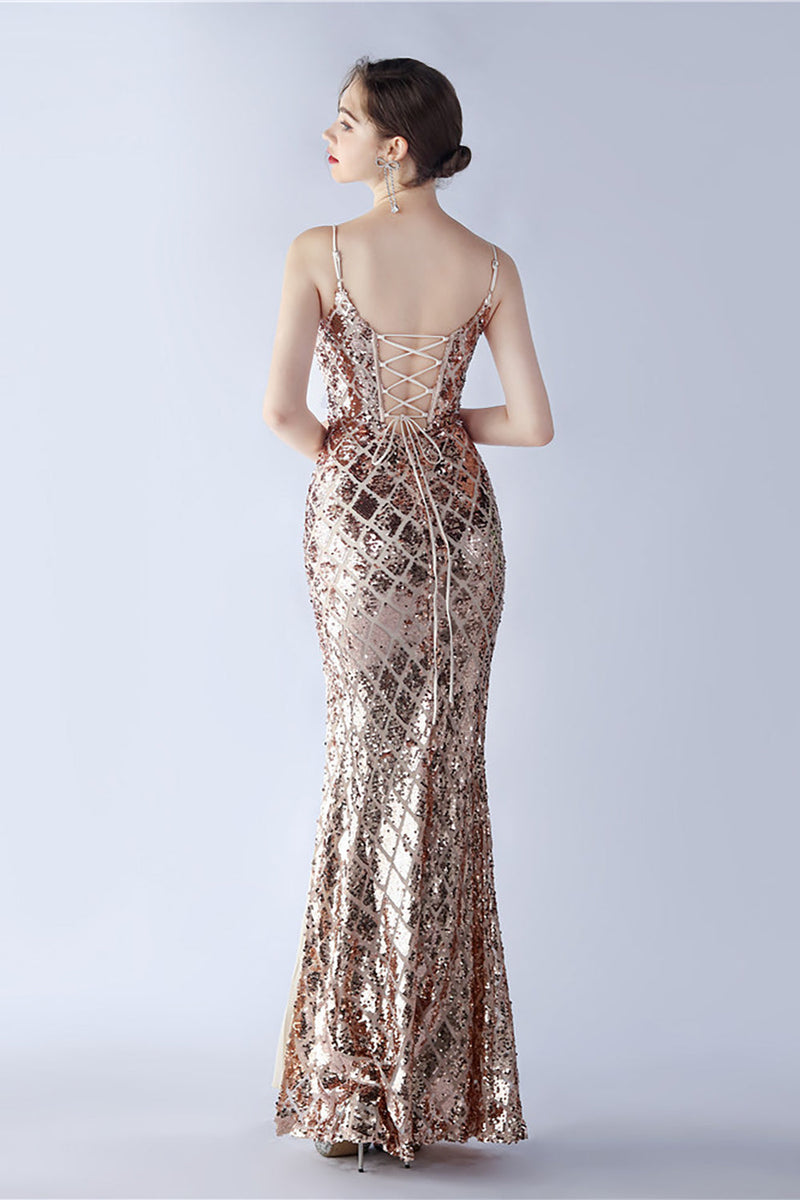 Load image into Gallery viewer, Burgundy Spaghetti Straps V-neck Swquin Sheath Formal Dress with Slit
