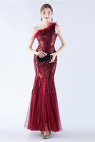 Load image into Gallery viewer, Burgundy Mermaid One Shoulder Mesh and Beaded Evening Dress With Feathers