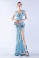 Load image into Gallery viewer, Lilac Mermaid V Neck Sequin and Beaded Ostrich Feathers Evening Dress With Slit