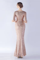 Load image into Gallery viewer, Navy Sequin V-neck Half Sleeves Sheath Formal Dress with Feather