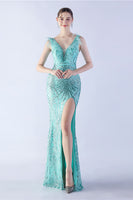 Load image into Gallery viewer, Lilac Mermaid V Neck Side Slit Beaded Evening Dress With Feather