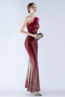 Load image into Gallery viewer, Glitter Black Beaded Bodycon Feather Slope-Neck One-Shoulder Evening Dress With Slit