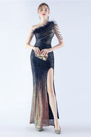 Load image into Gallery viewer, Glitter Black Beaded Bodycon Feather Slope-Neck One-Shoulder Evening Dress With Slit