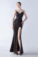 Load image into Gallery viewer, Glitter Mermaid Spaghetti Straps Beaded Symphony Black Formal Dress With Side Slit