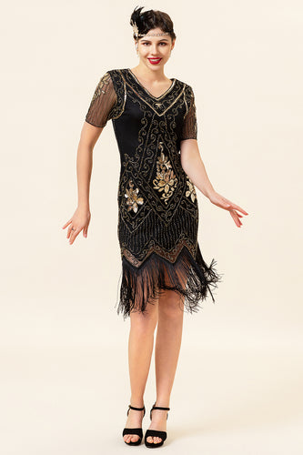 V Neck Black 1920s Flapper Dress