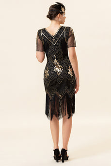 V Neck Black 1920s Flapper Dress